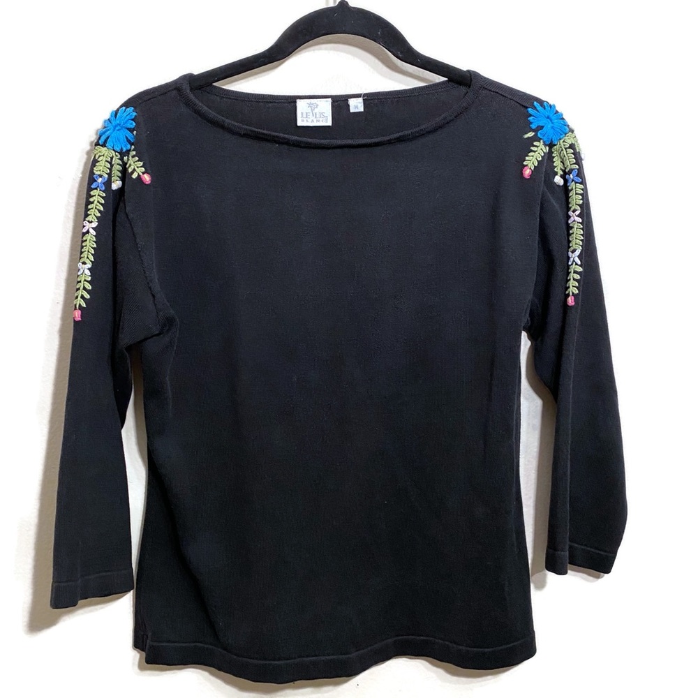 Le Lis Black Embroidered Quarter Sleeve Top